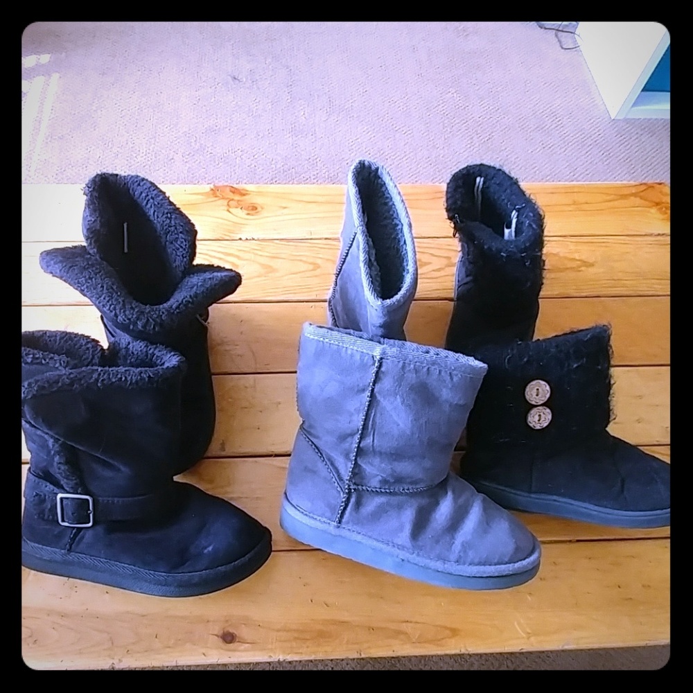 3 pairs fleece lined girls boots gray and black